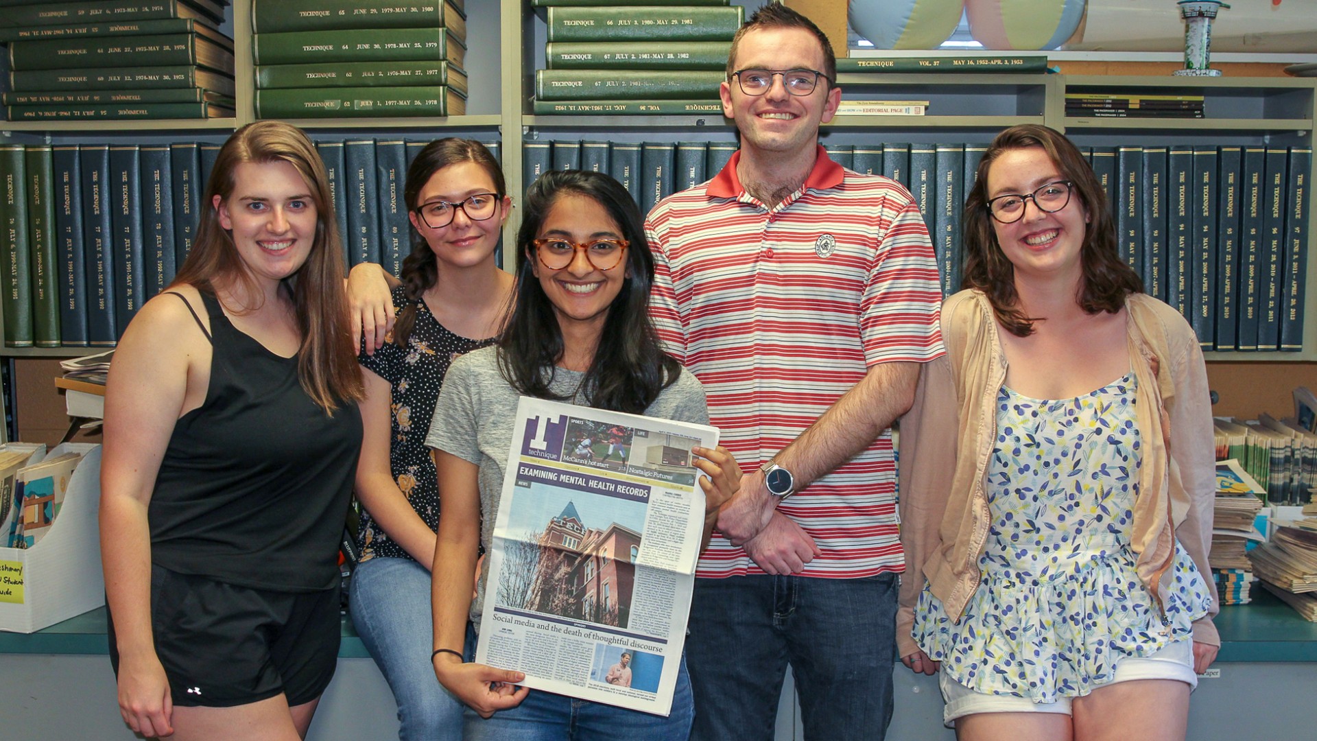 Lauren Douglas, Rosemary Pitrone, Samira Bandaru, Jon Long, and Maura Currie with the Technique's penultimate issue of the academic year.