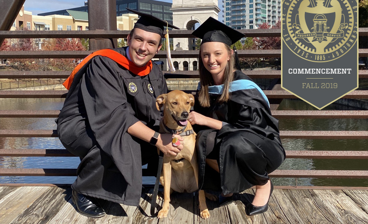 Josh Ingersoll, Fall 2019 Commencement reflection speaker, with his fiancée Jacquie and dog Scout.