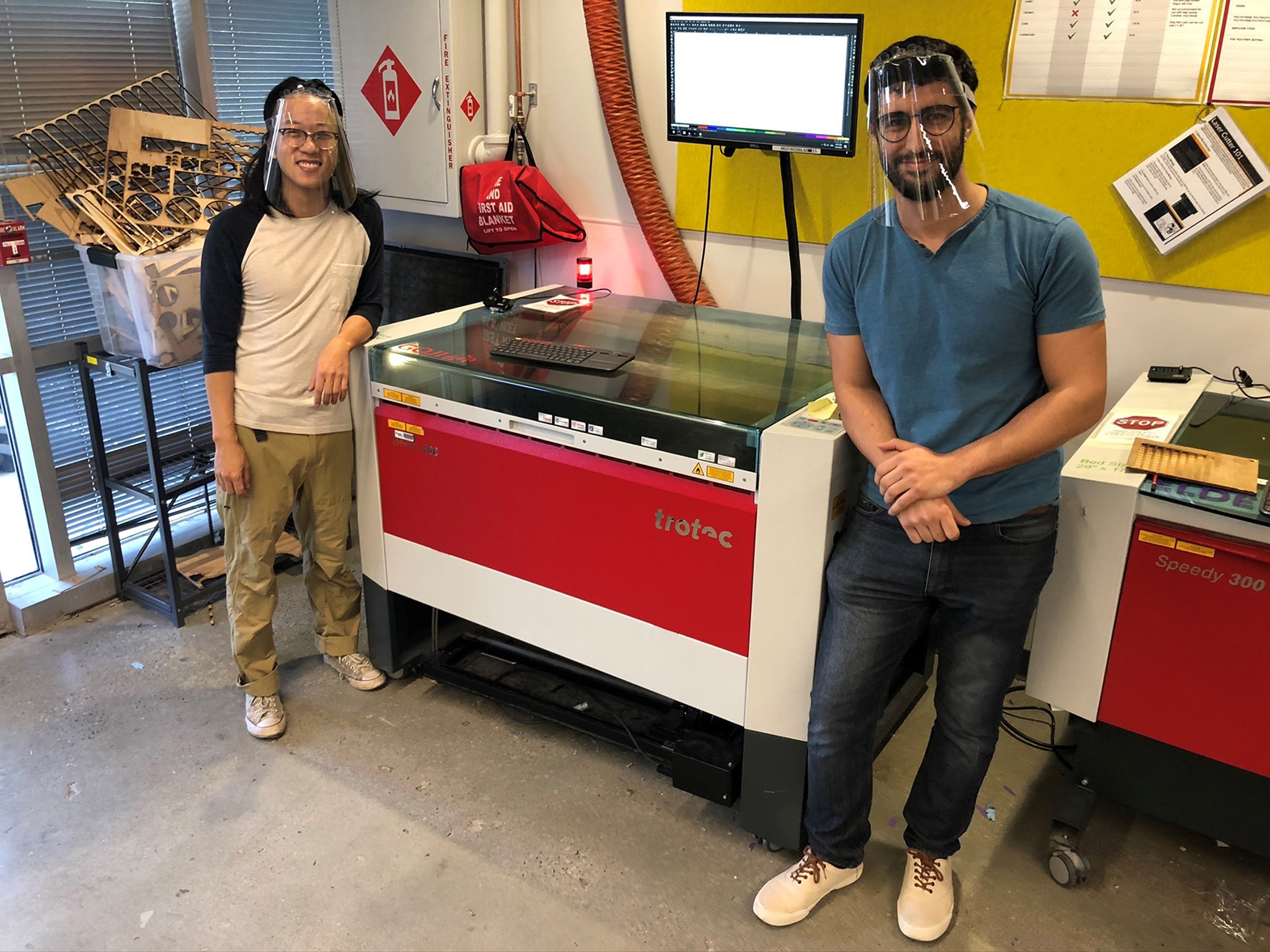 To help meet the need for personal protective equipment (PPE) for health care workers, Georgia Tech has designed and is producing face shields. Shown is a laser cutting machine used to create frames for the shields. To help meet the need for personal protective equipment (PPE) for health care workers, Georgia Tech has designed and is producing face shields. Shown is a laser cutting machine used to create frames for the shields.