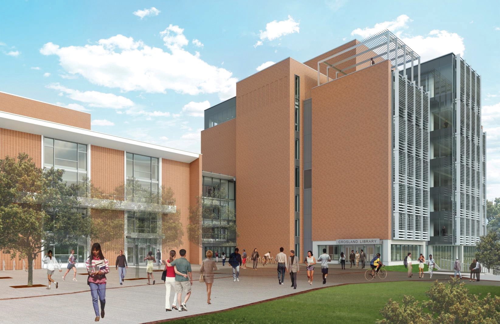 The existing main entrance will be redesigned, keeping an access point but moving the main entry to the north side of the complex near the Hinman Research Building.