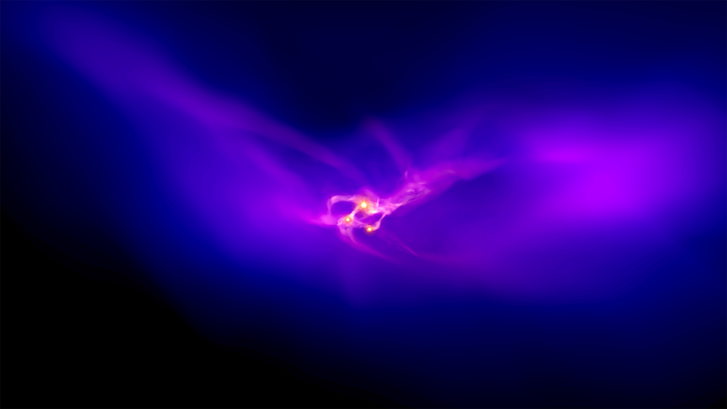 Zoom of the inner 30 light-years of the dark matter halo. The rotating gaseous disk breaks apart into three clumps that collapse under their own gravity to form supermassive stars. (Credit: John Wise, Georgia Institute of Technology) Zoom of the inner 30 light-years of the dark matter halo. The rotating gaseous disk breaks apart into three clumps that collapse under their own gravity to form supermassive stars. (Credit: John Wise, Georgia Institute of Technology)
