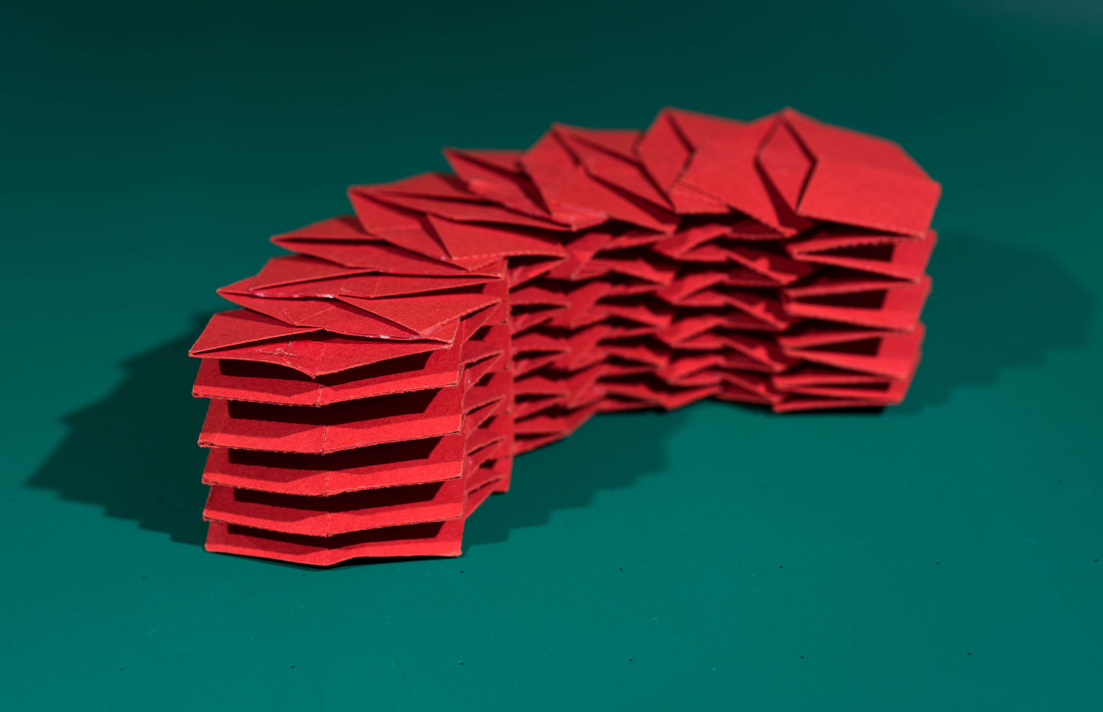 This origami structure is composed of 12 interlocking tubes that can fold flat for easy transportation. (Credit: Rob Felt, Georgia Tech)