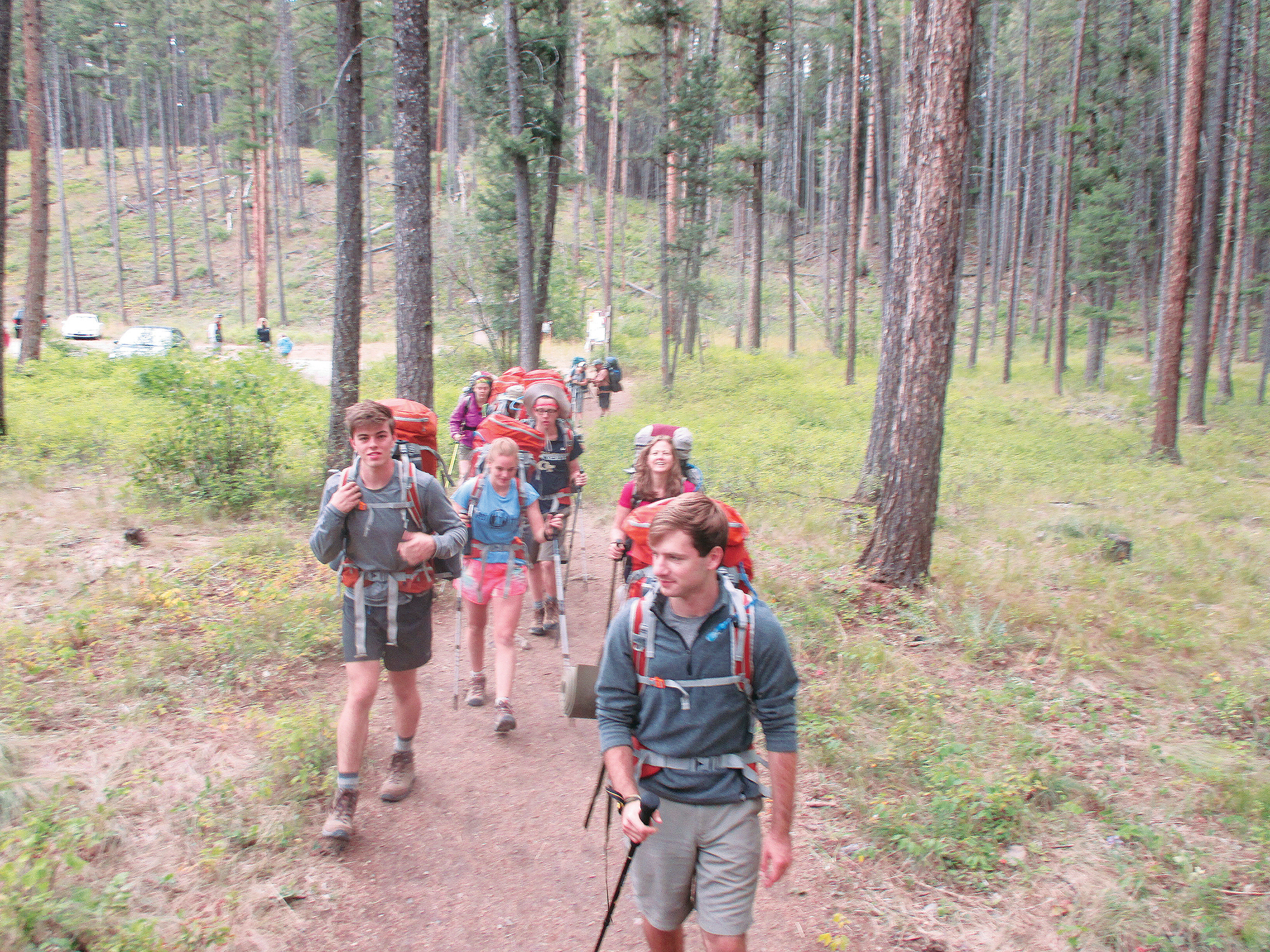 Associate Professor Mary Lynn Realff (right, second from front) steps out with students for a wilderness trek in Montana back in 2015.