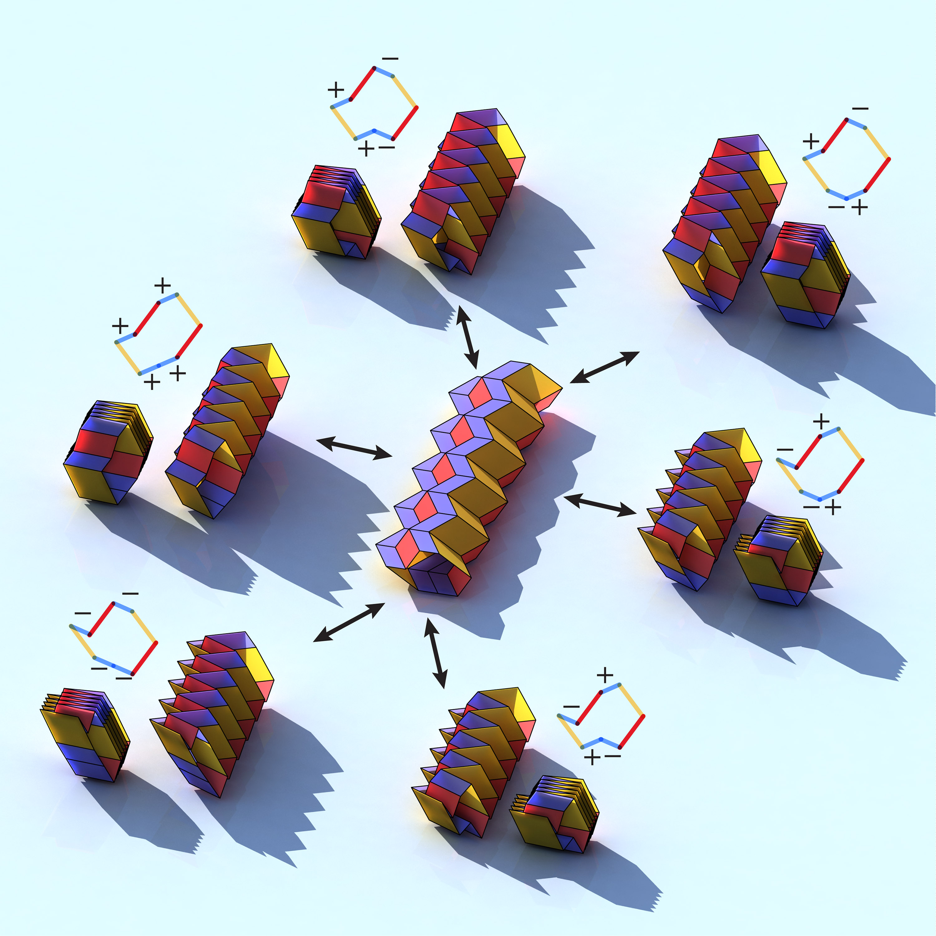This illustration shows six different configurations that can be produced from a single origami tube through the redeployment of certain folds. (Credit: Evgueni Filipov, Glaucio Paulino, and Tomohiro Tachi.) This illustration shows six different configurations that can be produced from a single origami tube through the redeployment of certain folds. (Credit: Evgueni Filipov, Glaucio Paulino, and Tomohiro Tachi.)