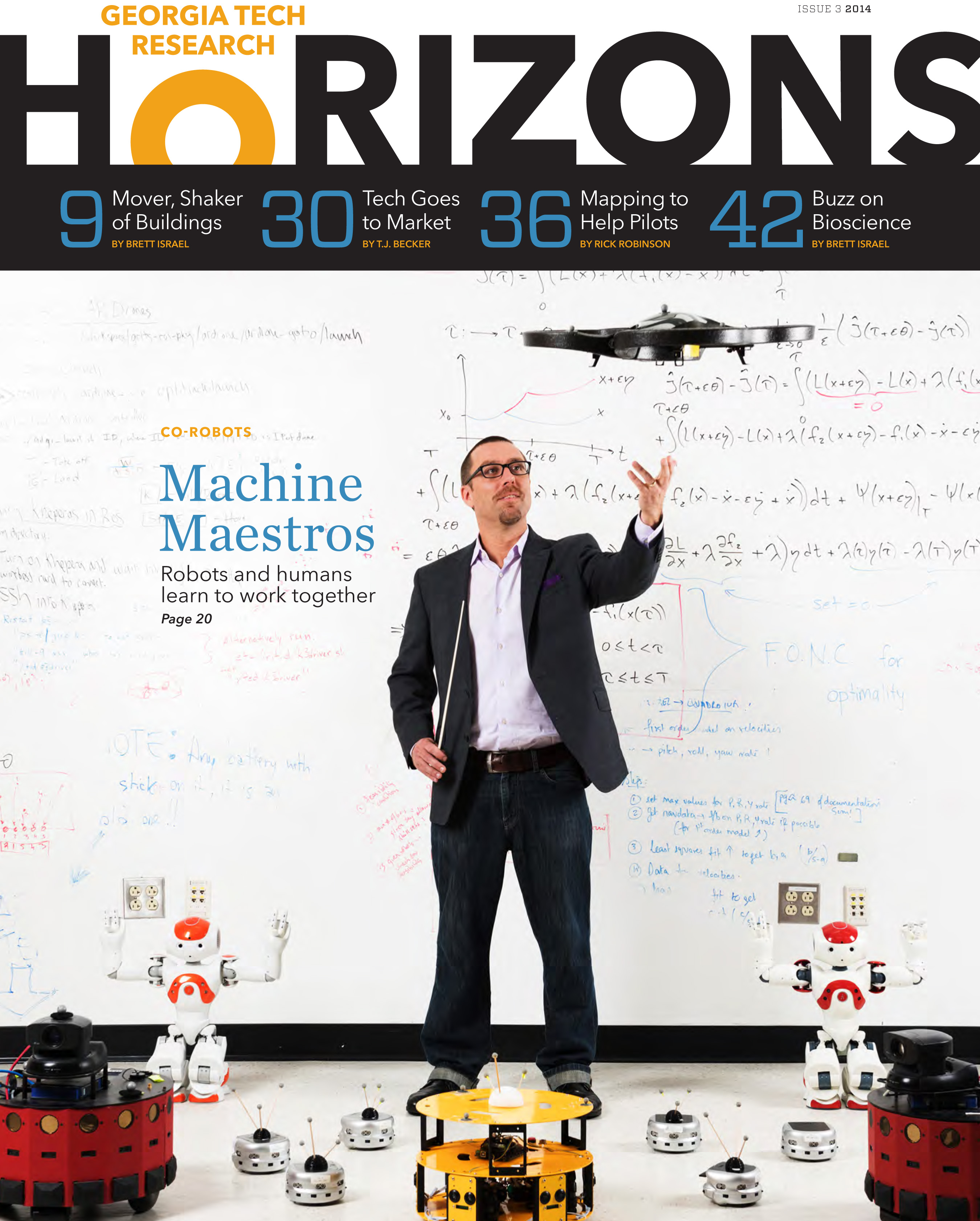 The cover of the new Research Horizons magazine features Prof. Magnus Egerstedt, who is developing techniques for controlling swarms of robots.