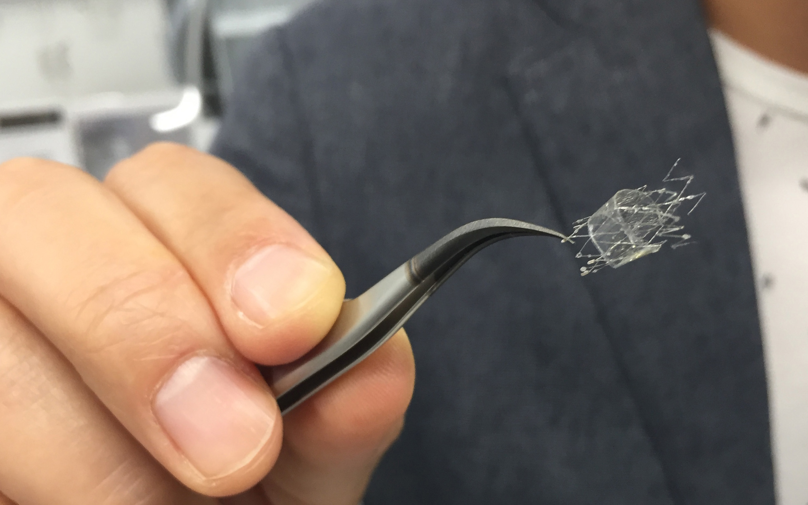 A proof-of-concept flow sensor is shown here on a stent backbone. (Credit: John Toon, Georgia Tech) A proof-of-concept flow sensor is shown here on a stent backbone. (Credit: John Toon, Georgia Tech)