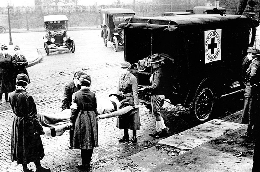 An ambulance in St. Louis, Missouri, picks up a patient believed to be infected with influenza in the 1918-19 Spanish flu pandemic, which killed 50 million people or more worldwide. Credit: National Archives An ambulance in St. Louis, Missouri, picks up a patient believed to be infected with influenza in the 1918-19 Spanish flu pandemic, which killed 50 million people or more worldwide. Credit: National Archives