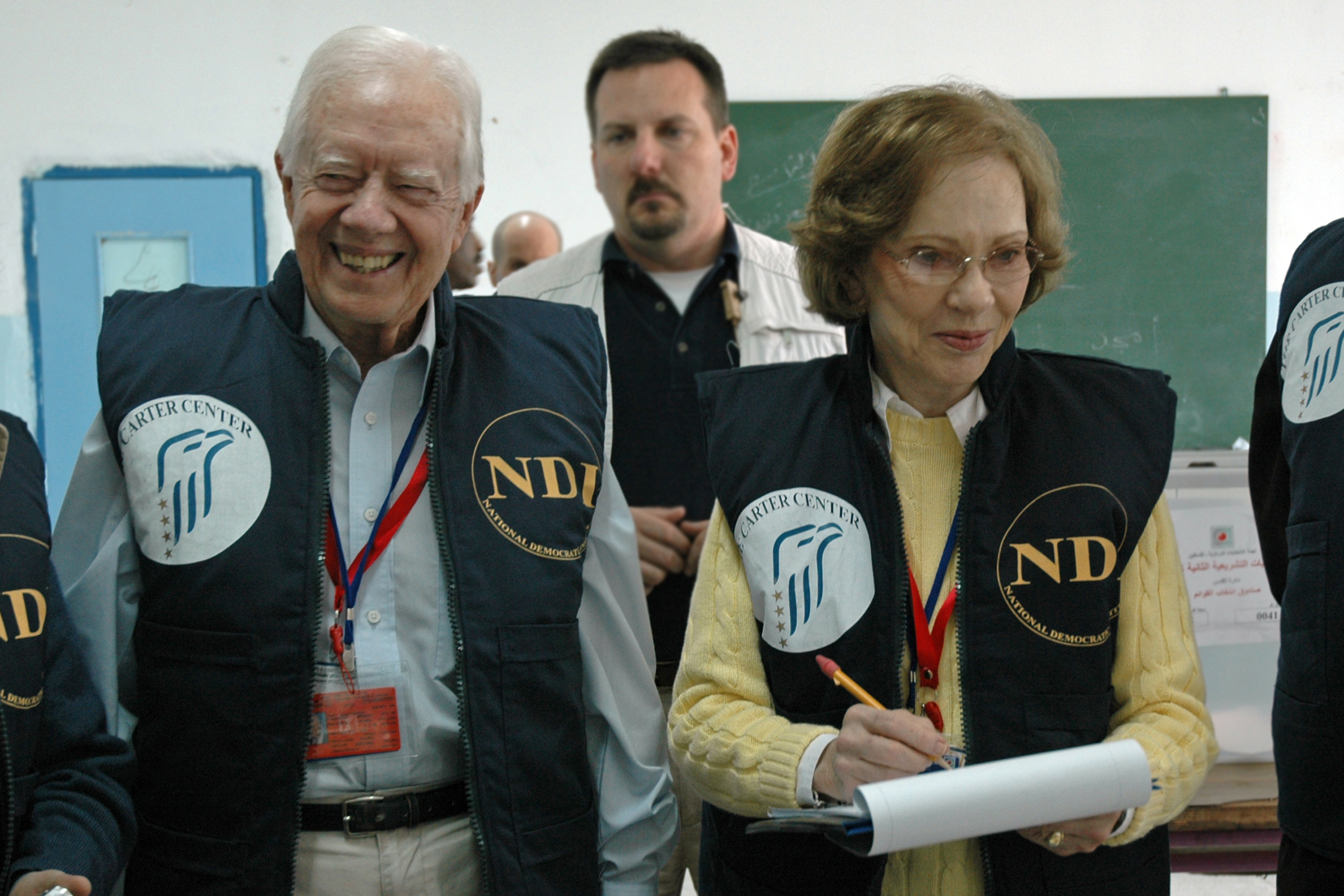 Jimmy and Rosalynn Carter observe the 2006 Palestinian parliamentary elections as part of an 80-member delegation, organized by The Carter Center and the National Democratic Institute. The delegation included elected officials, electoral and human rights experts, regional specialists, and political and civic leaders from North America, the Middle East, Europe, Africa, and Asia.
The Carters are the 2017 recipients of the Ivan Allen Jr. Prize for Social Courage. They are being honored for their partnership a