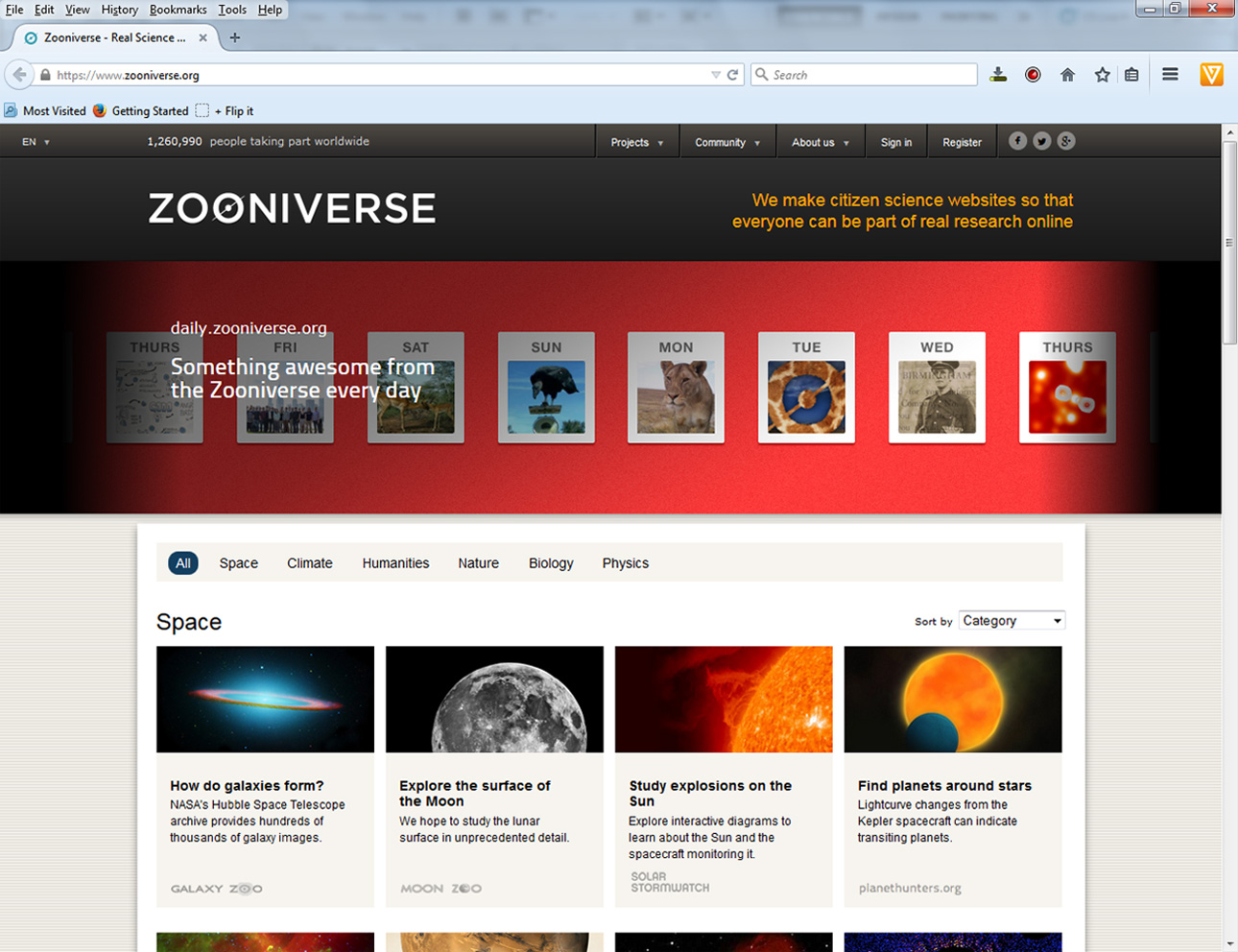 Zooniverse is the most popular platform for hosting crowd science projects, with more than 1.2 million people participating worldwide. It is operated by the Citizen Science Alliance.