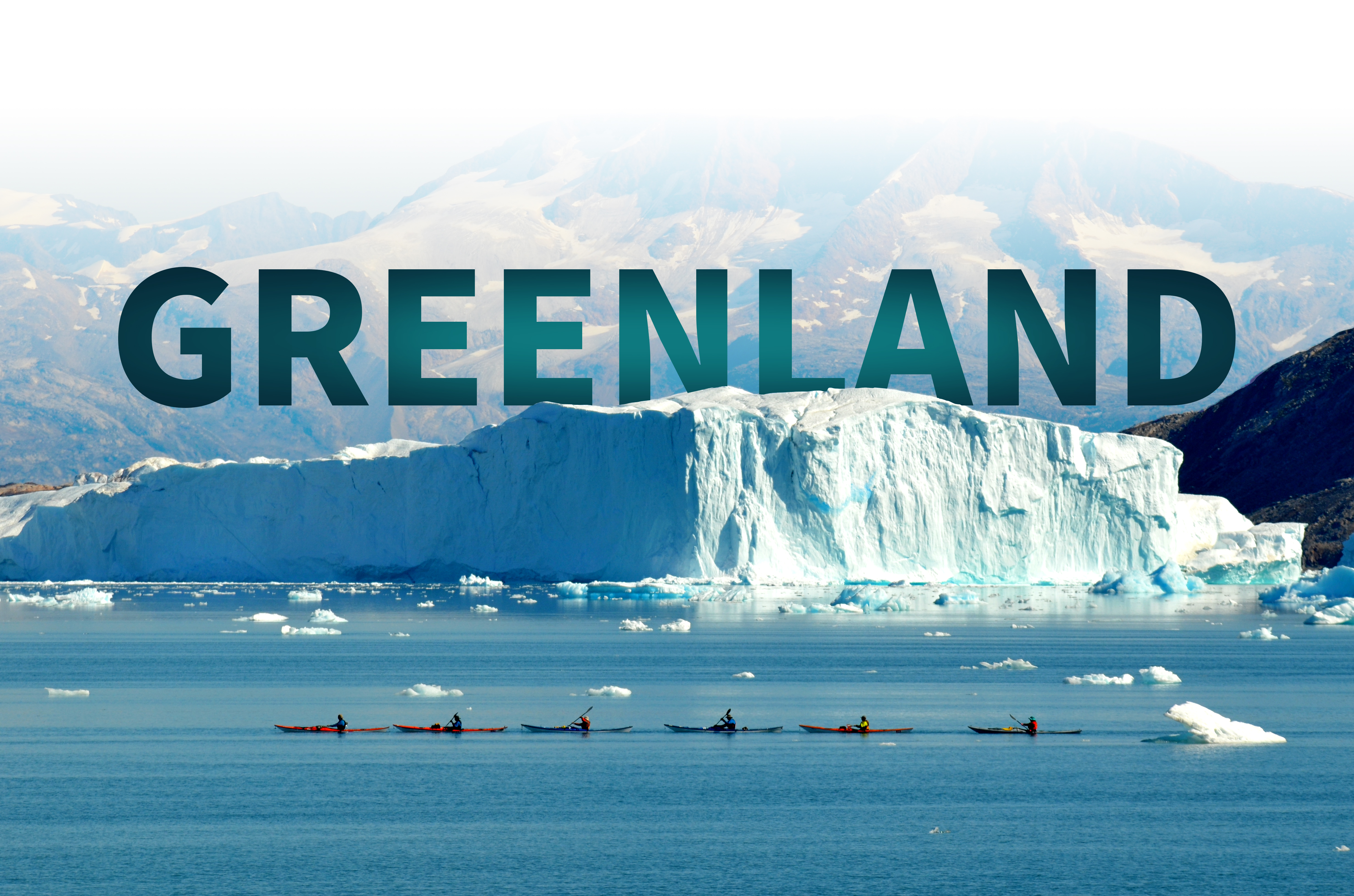 An image of Greenland with icebergs and mountains. Five kayakers are in the water moving from left to right.