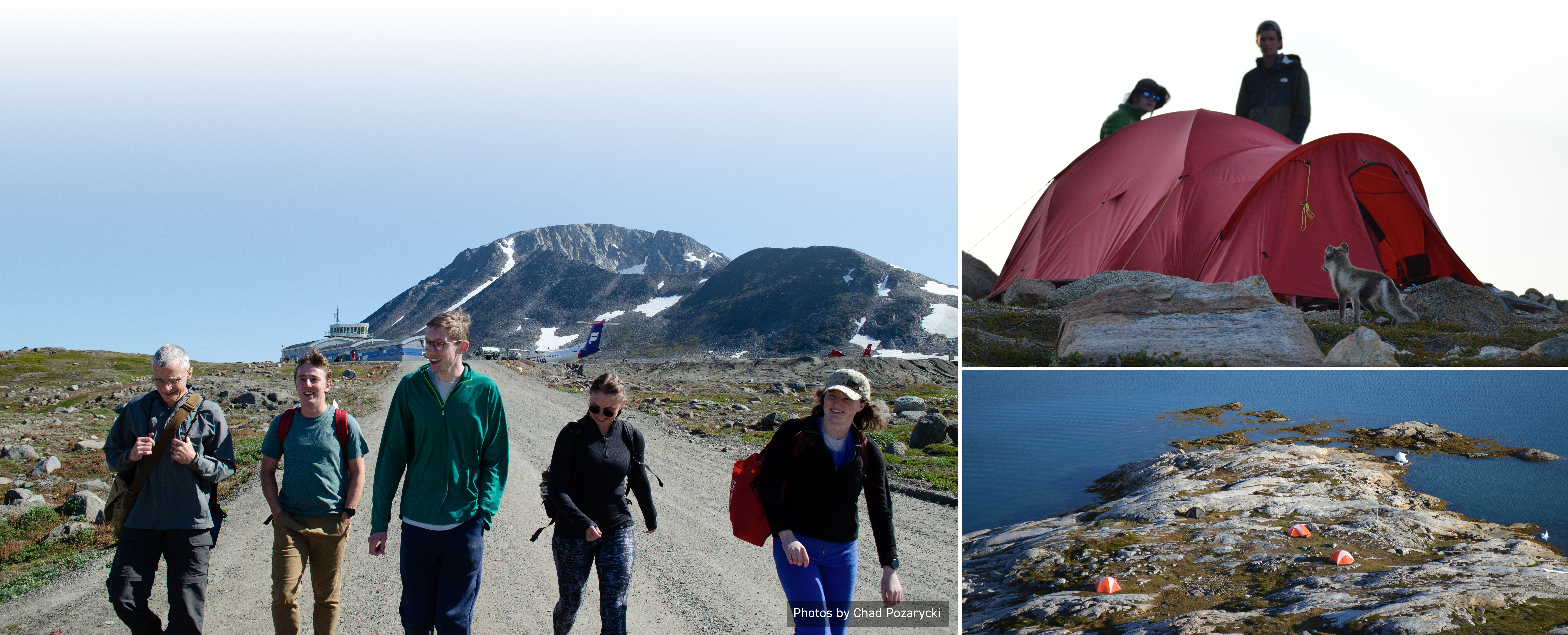 Three images, on the left is a picture of the team walking from the airport. On the top right is an image of the tent and a small fox. On the bottom right is an image of the campsite from up above.