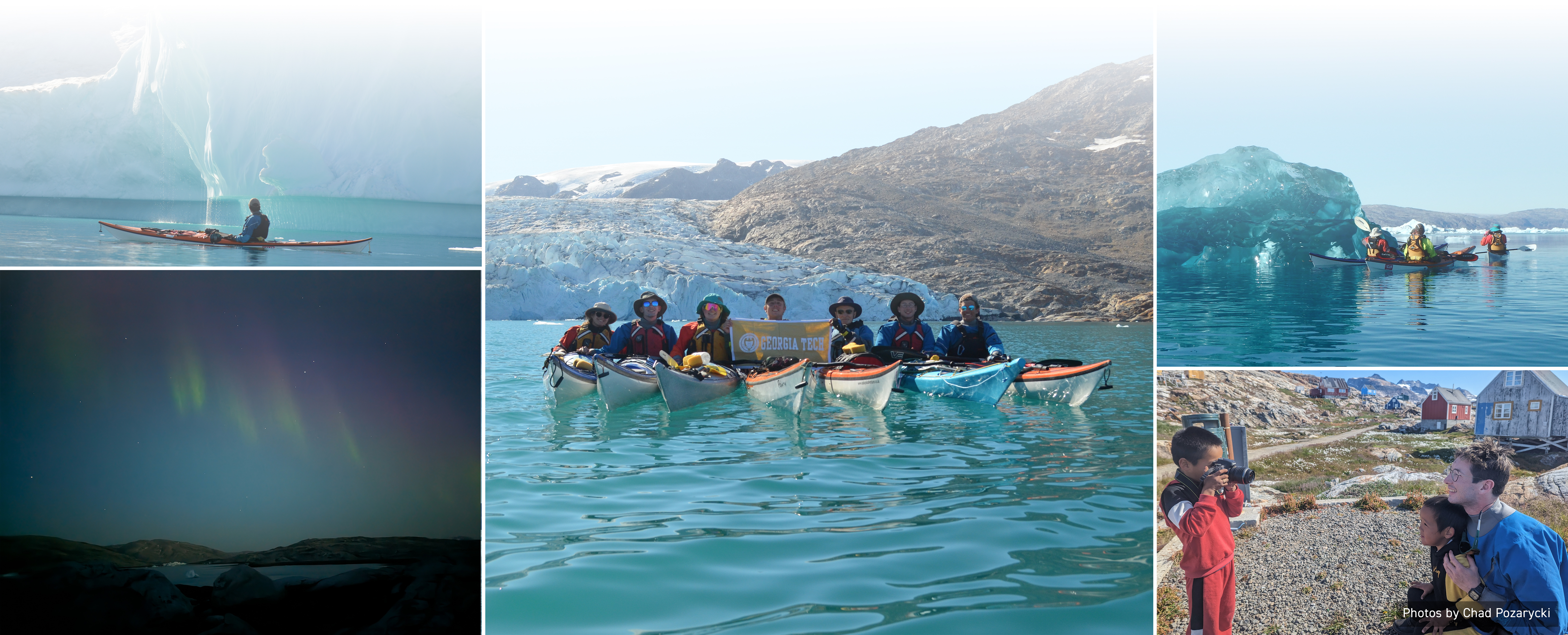A collage of five images with Georgia Tech students kayaking in Greenland in front of icebergs and glaciers.
