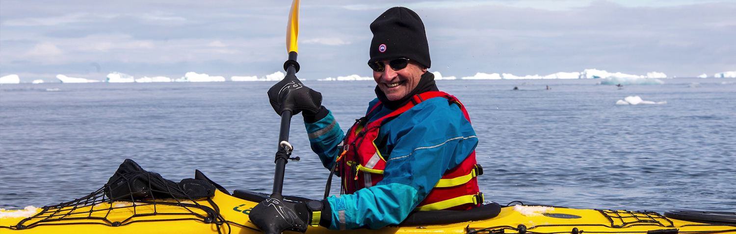77-year-old John Traendly on the water in Antarctica.