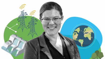 Portrait of Emily Grubert with Earth, environment, and infrastructure graphics in the background.